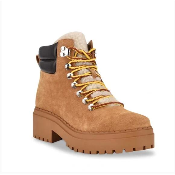 Marc Fisher Nairy Hiking Boots 9 Suede NWOT Tan Ankle Booties Combat Moto Sherpa - Picture 1 of 7